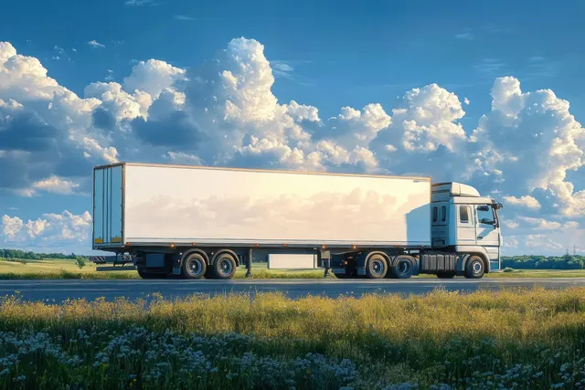 A white semi-truck with trailer parked on a rural road under large fluffy clouds.