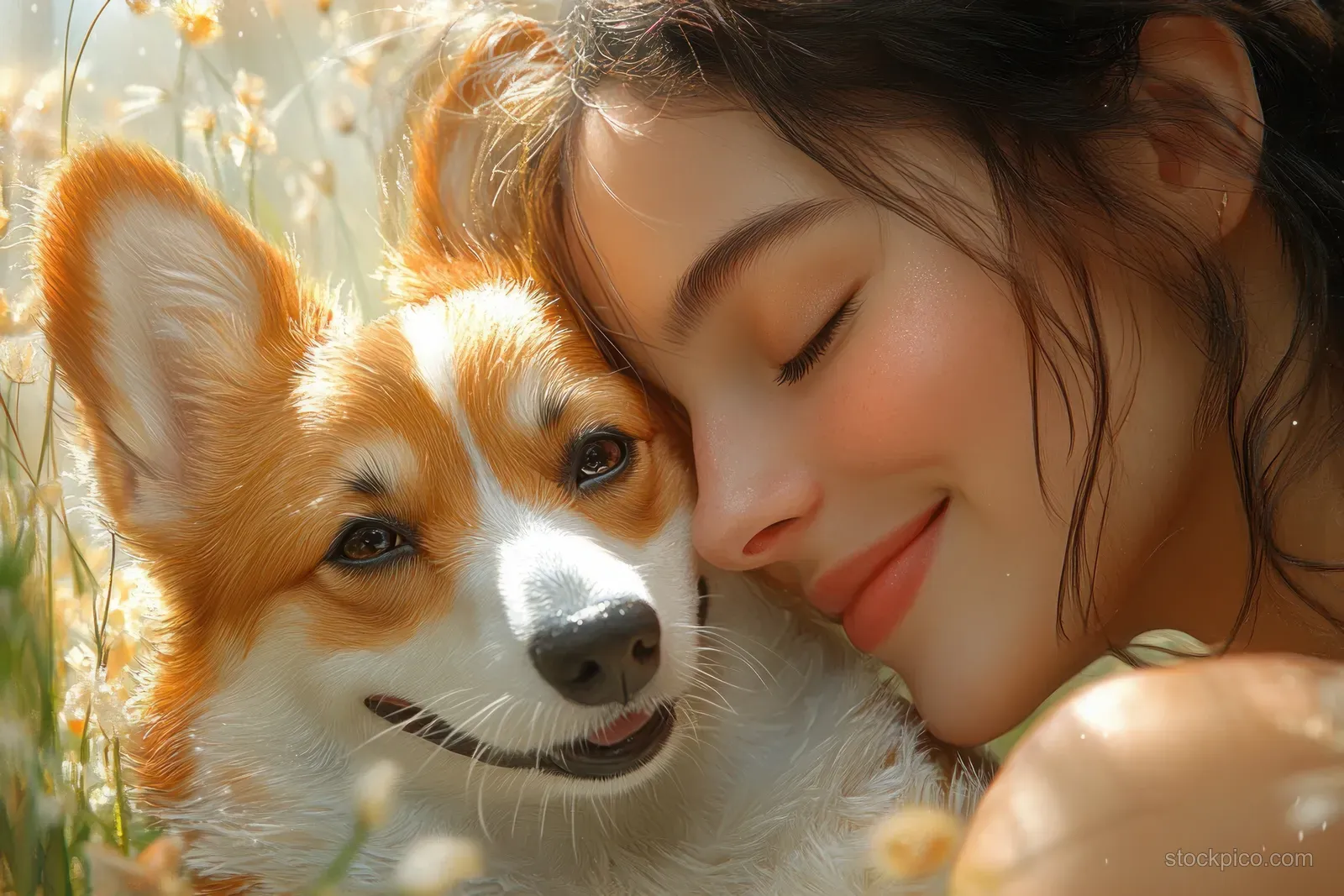Corgi dog looks up beside an owner in a sunlit veterinary clinic during a check-up.