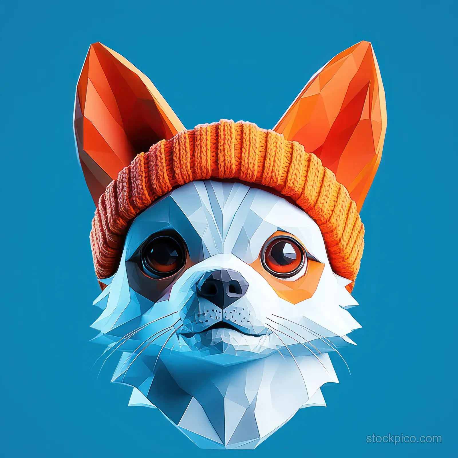 French bulldog wearing an orange beanie and blue glasses in a close-up portrait on a solid blue background with label space.