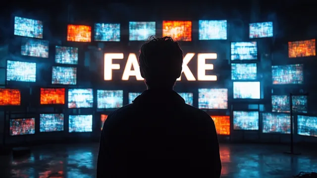 A silhouetted figure faces a wall of glowing screens, with the word FAKE illuminated in the center.
