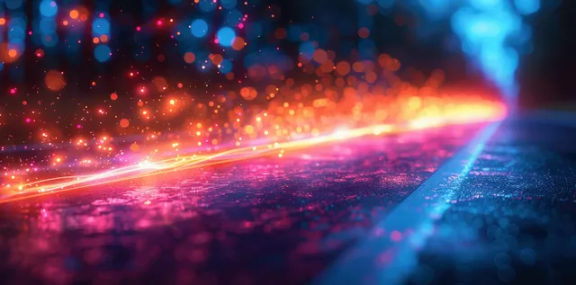 Blue and orange light trails sweep across dark cyber road with data spark glow