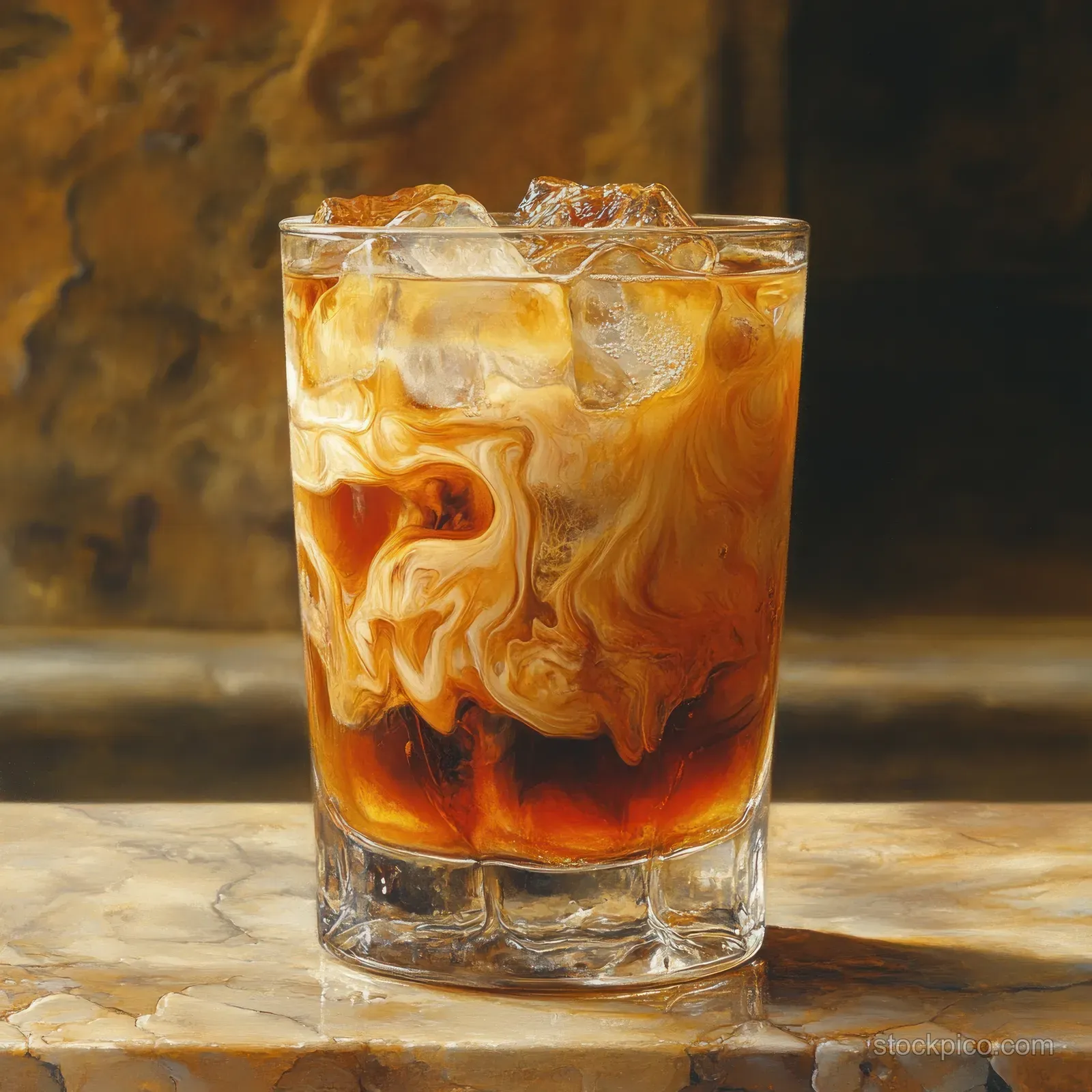 Clear glass of iced coffee with cream swirls and ice cubes against a white background.