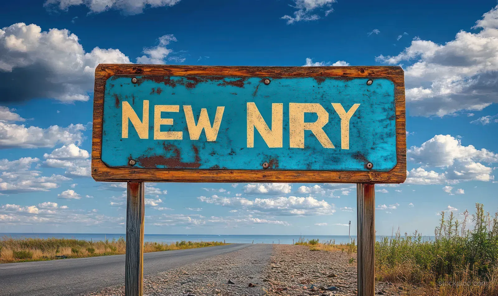 Weathered blue wooden road sign reading “NEW NRY” beside an empty rural highway under partly cloudy skies.