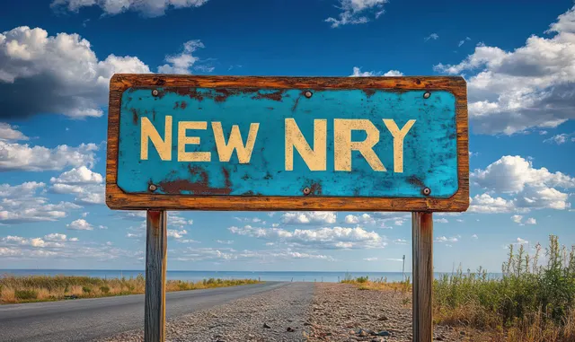Weathered blue wooden road sign reading “NEW NRY” beside an empty rural highway under partly cloudy skies.