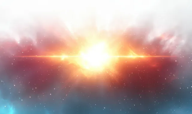 A bright cosmic explosion flare lights colorful nebula clouds with scattered stars in deep space.