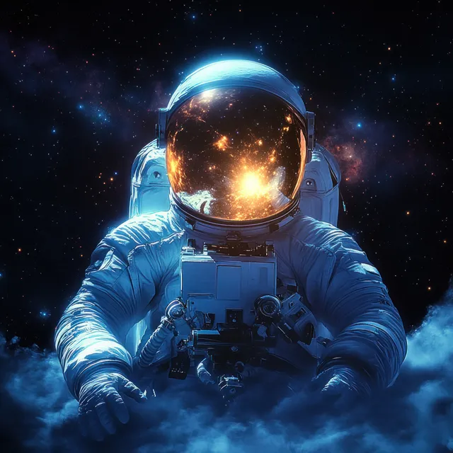 Astronaut in a blue illuminated suit floating in space with a glowing helmet against starry nebulae.