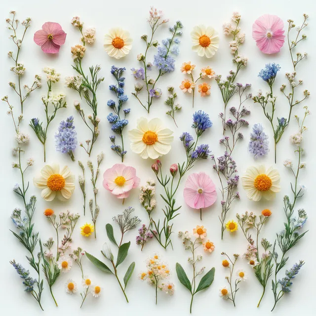 Assorted wildflowers and delicate blossoms laid flat on a pale background with visible stems and green leaves.