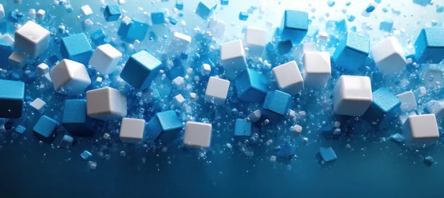 Blue cube tiles scattered over a minimal digital grid background with sparkling depth.