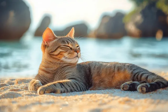 Tabby cat lounging on a sandy beach beside calm water with blurred rocks in the background.