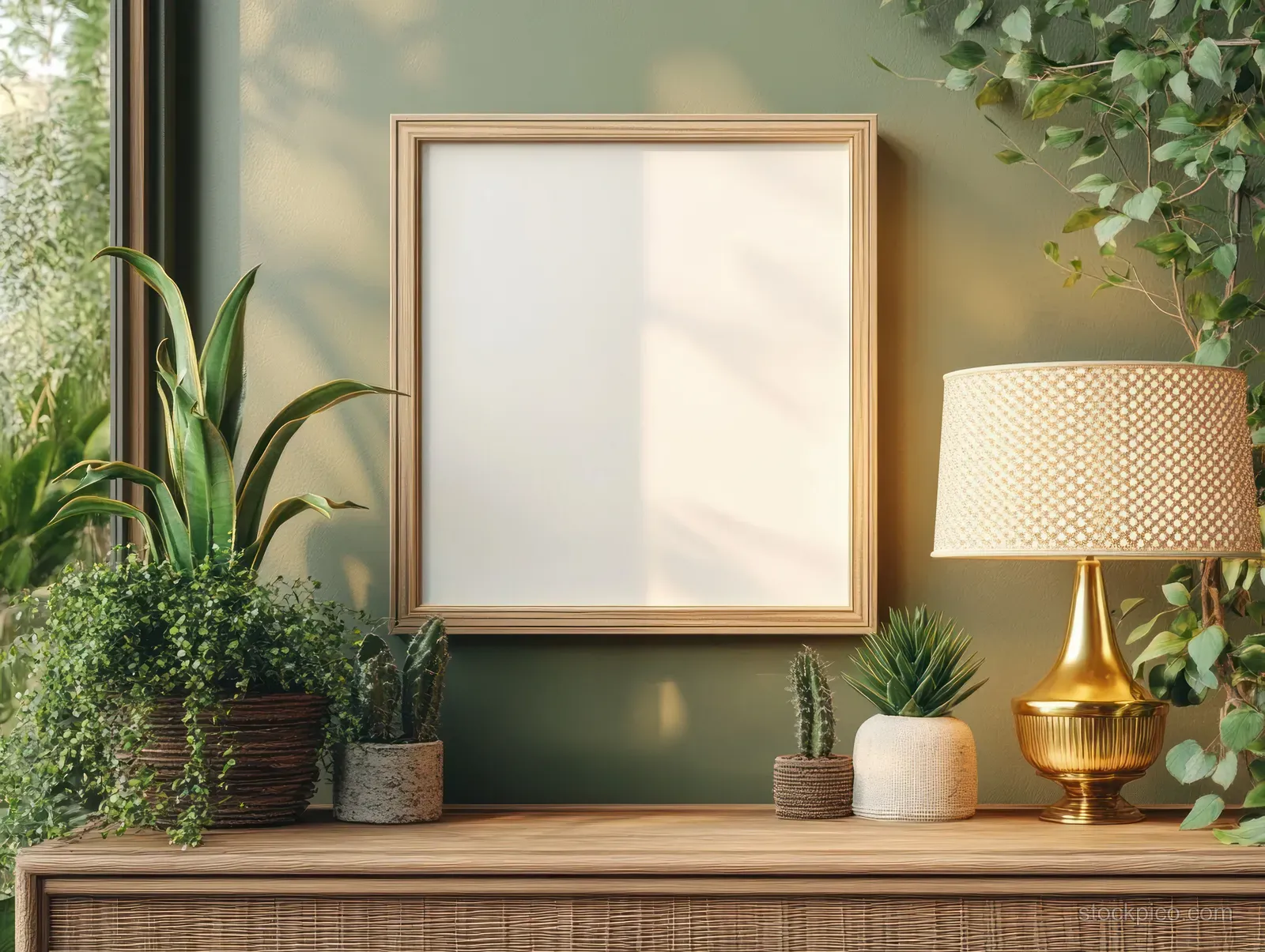 Empty gold framed picture above a wooden console with warm brass lamp and potted plants in soft light.