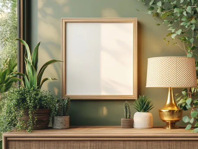 Empty gold framed picture above a wooden console with warm brass lamp and potted plants in soft light.
