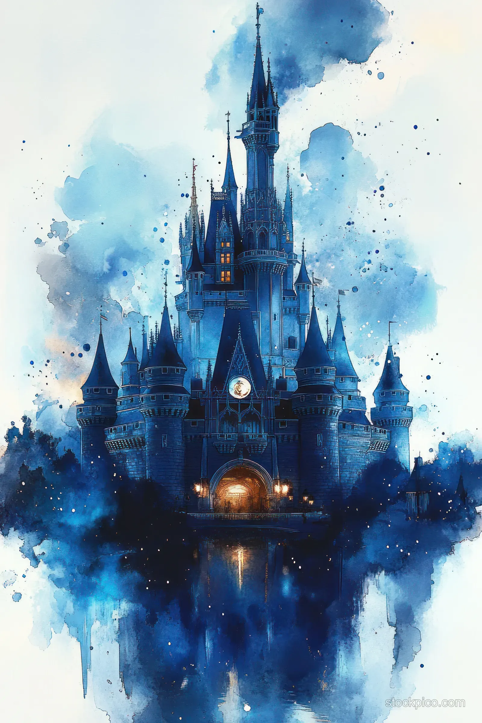 Blue spired fairy-tale castle with warm glowing windows reflecting in calm water under a watercolor twilight sky.
