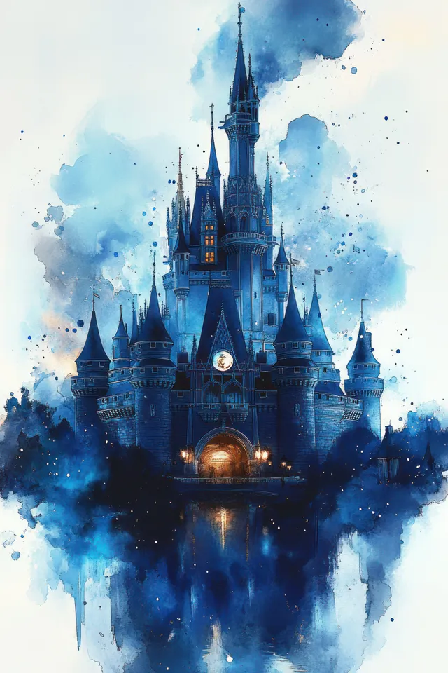 Blue spired fairy-tale castle with warm glowing windows reflecting in calm water under a watercolor twilight sky.