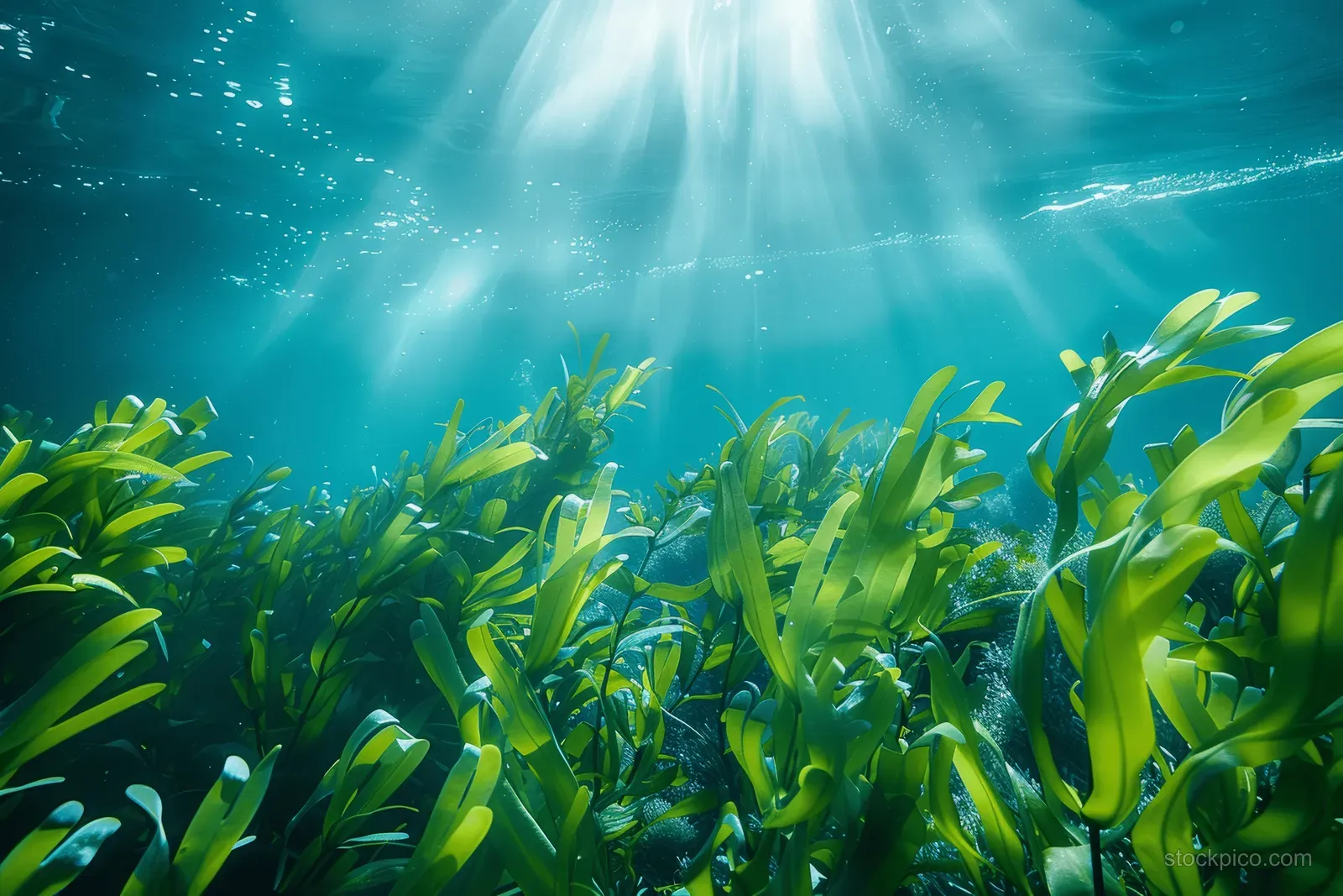 Sunbeams pass through clear water as green seagrass blades sway and small fish swim nearby.