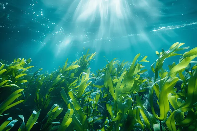 Close-up green seagrass swaying underwater with sunbeams and swimming fish