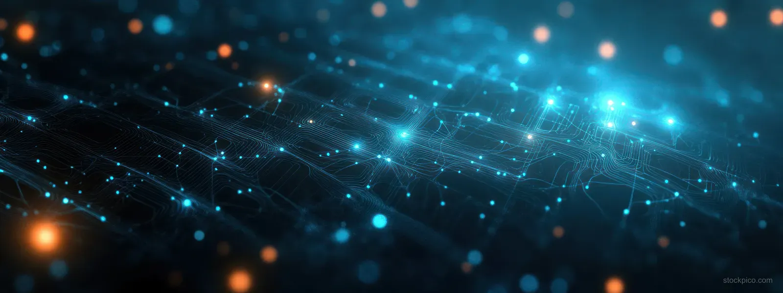Neon teal data links form a futuristic network interface across a dark abstract background with glowing bokeh.