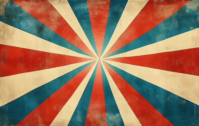 Retro sunburst background with grunge radial rays and vintage red blue beige stripes