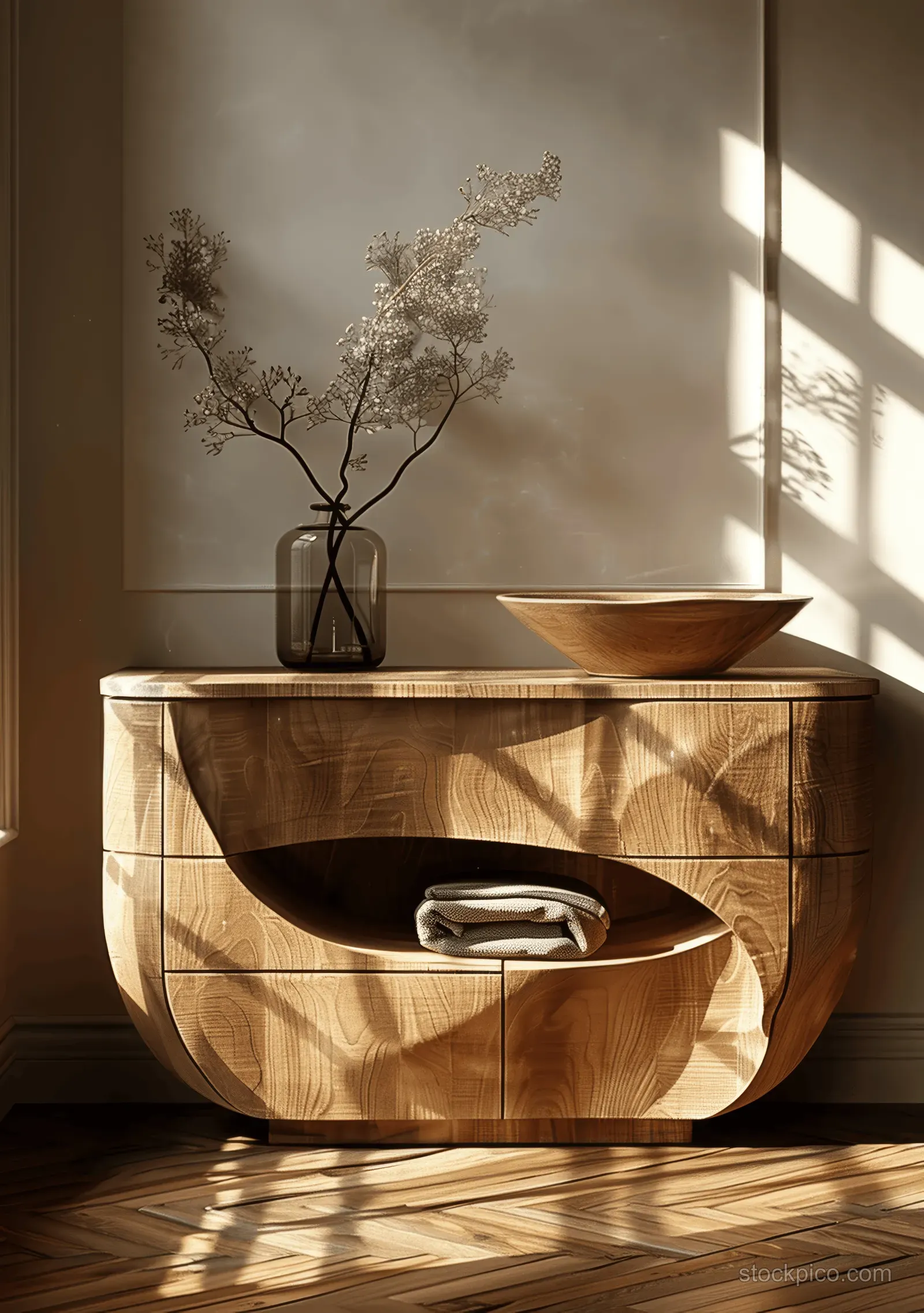 Sunlit coastal bedroom corner with a light wood sideboard, potted plant, and long shadows on parquet flooring.