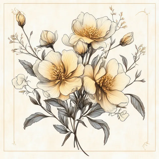 Hand-drawn yellow flowers with buds and detailed leaves on a cream textured background.
