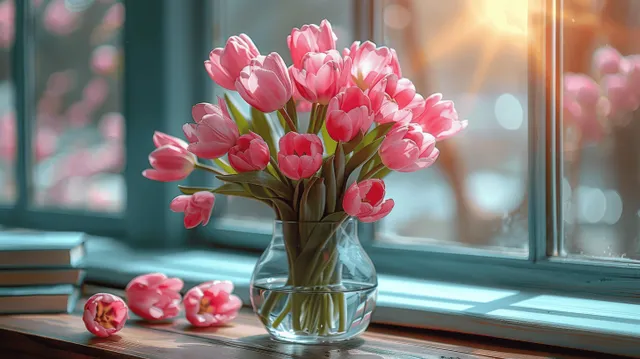 Pink tulips in a glass vase on a sunlit window sill with stacked books nearby.