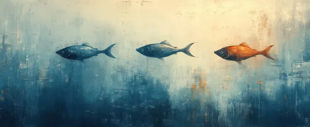 Pastel blue banner with glowing fish symbols hovering above misty water.
