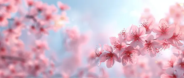 Pink sakura blossoms and cherry tree branches float against a blue spring sky with pastel background blur.