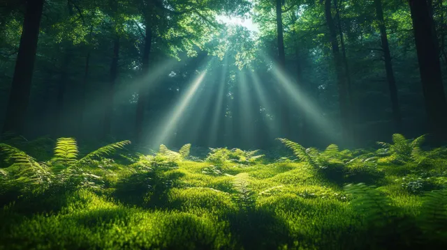 Sunlight beams shine through trees onto a mossy forest floor with vibrant ferns.