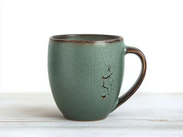 Green ceramic mug with crackled glaze sits on a light wooden table against a white background.