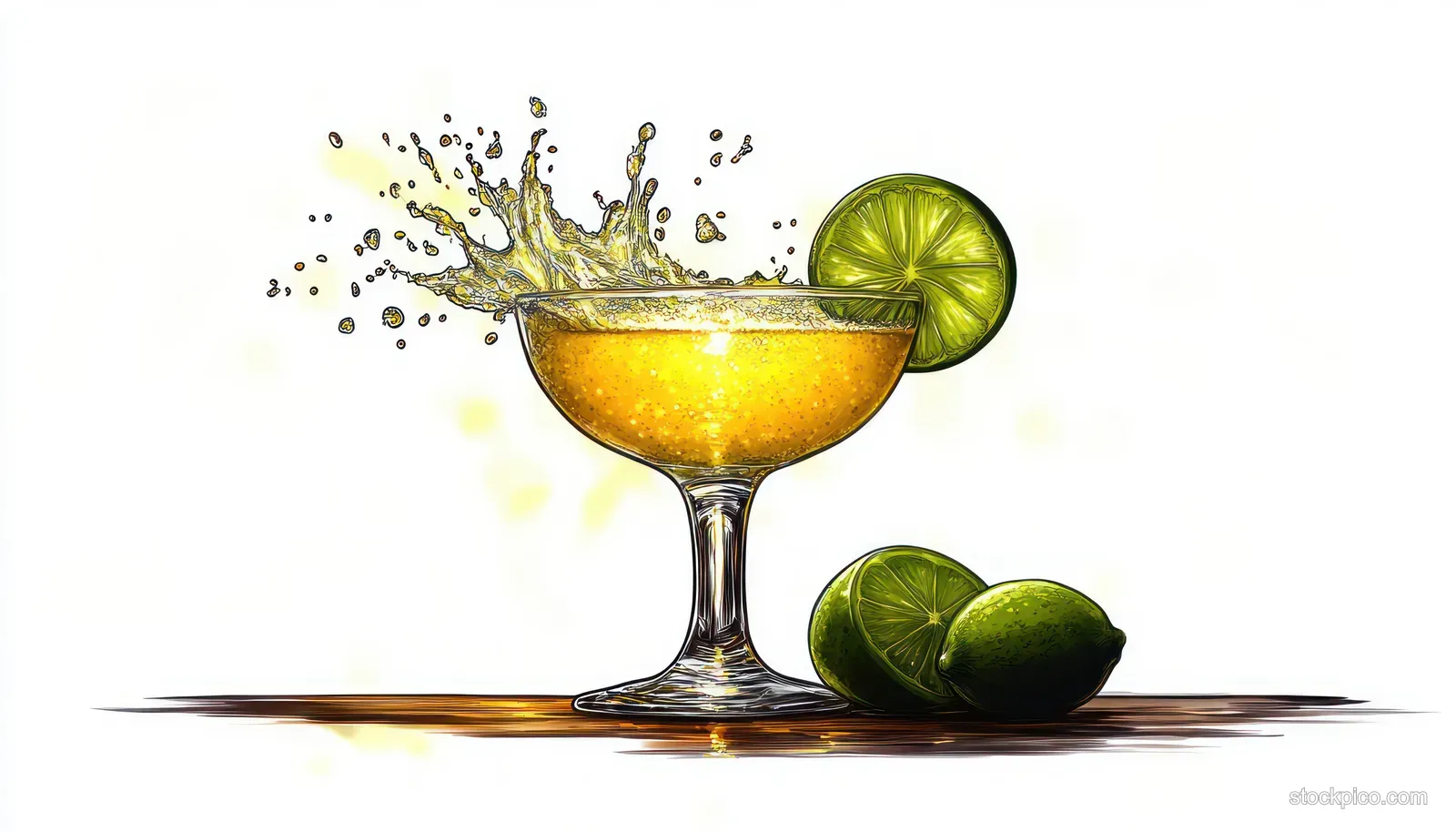 Golden cocktail in a coupe glass with a lime garnish and nearby lime slices, captured with a mid-air splash.