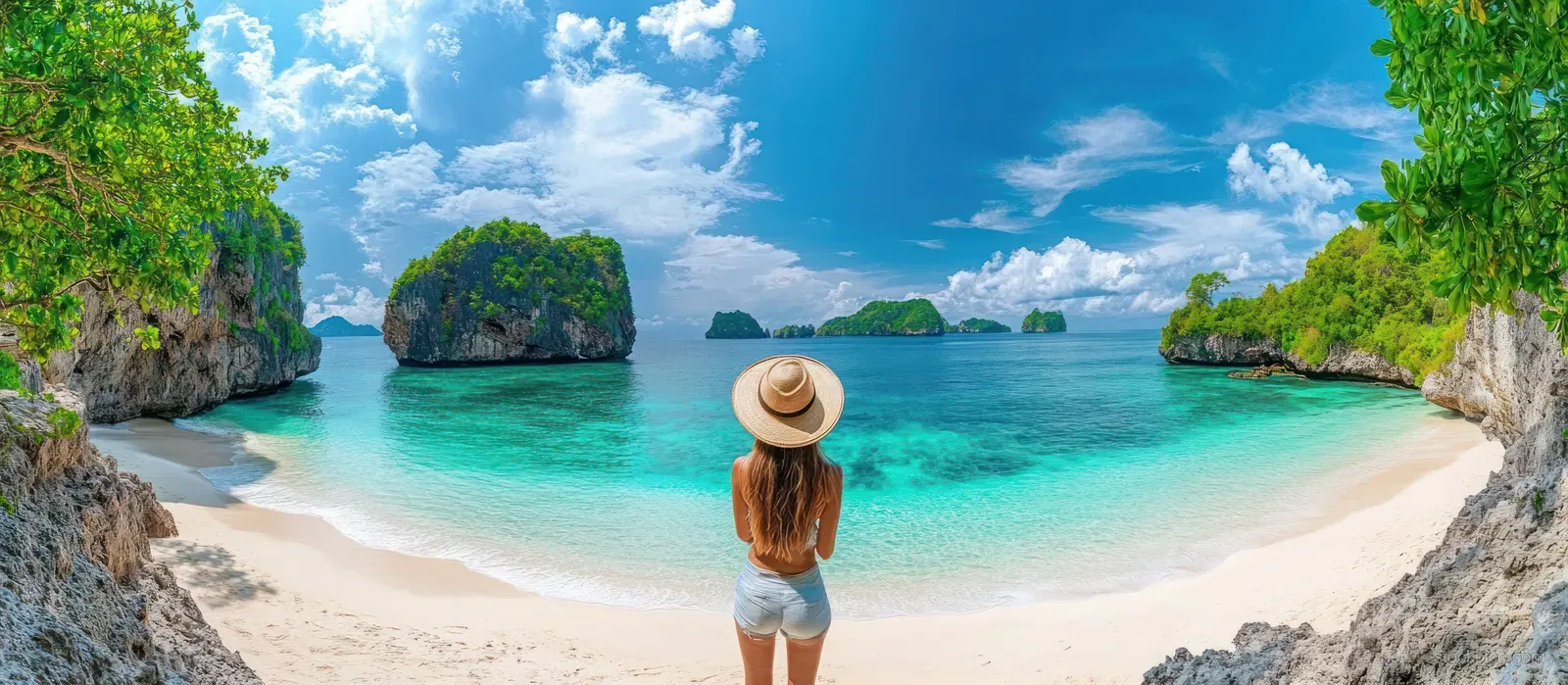 A woman in a sun hat stands on a white sandy beach with turquoise water and green islands under a partly cloudy sky.