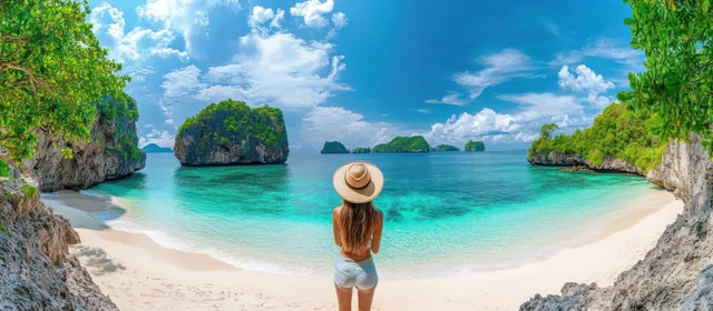 Woman in Sun Hat on Tropical Beach with Turquoise Water and Green Islands
