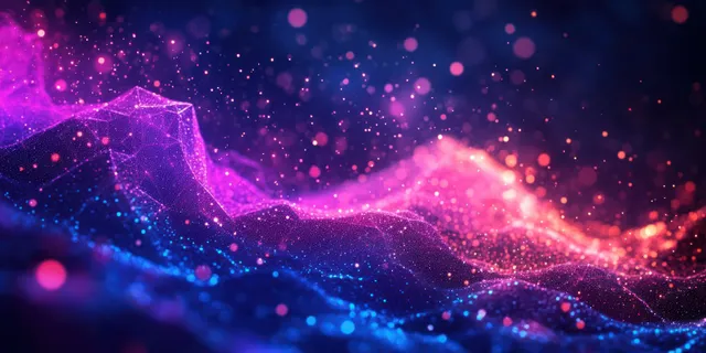 Glowing neon polygons and interconnected nodes flow across a dark cyber space backdrop with sparkling light particles.