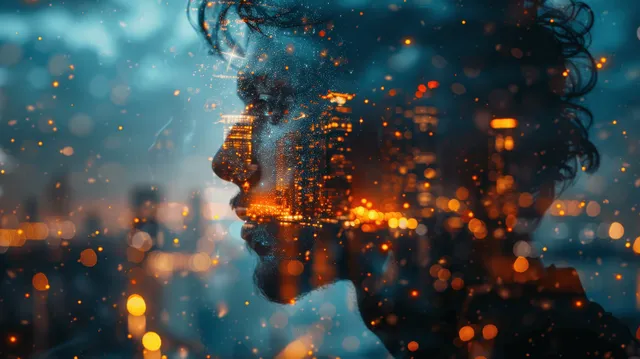 A business leader’s face blends into a neon city skyline with glowing particles and upward light trails.