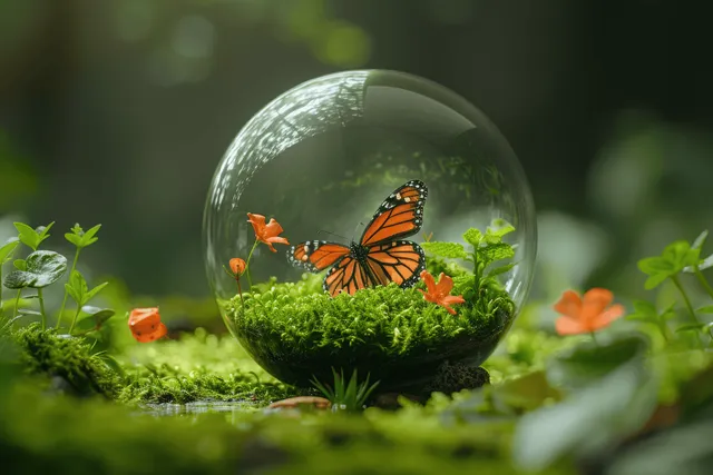 A monarch butterfly inside a clear glass sphere on moss with surrounding orange flowers and greenery.