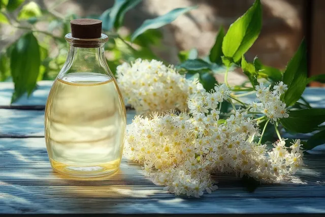Elderflower syrup bottle beside fresh blossoms on sunlit rustic table