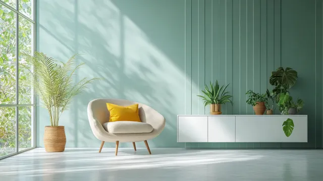 Sunlit minimalist living room with light green wall, beige armchair, and white cabinet holding small potted plants.