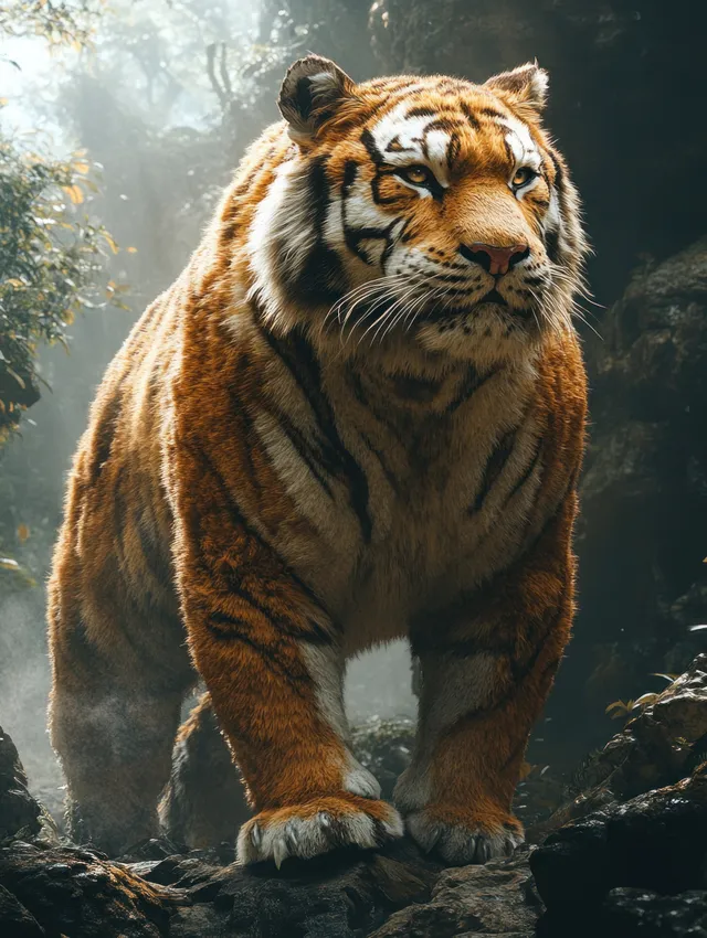 A saber-toothed tiger steps out of misty, snow-dusted rocks, baring long saber teeth in winter light.
