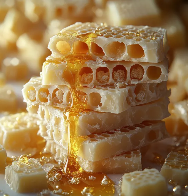 Hyper-realistic white chocolate chunks with honeycomb texture and golden syrup dripping on a clean white background.