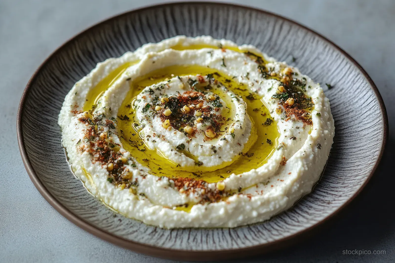 Creamy hummus on a gray ceramic plate with olive oil drizzle and herbs and spices sprinkled on top.