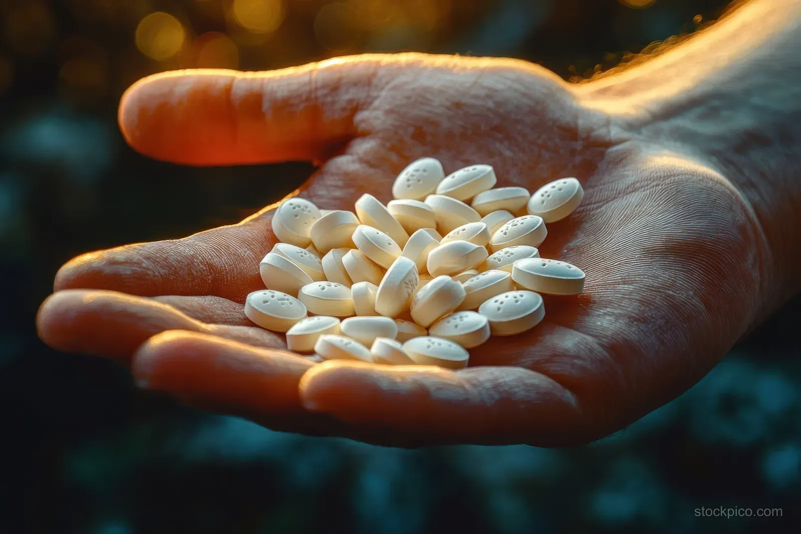 A human hand holds a pile of white oval pills under warm soft bokeh lighting.