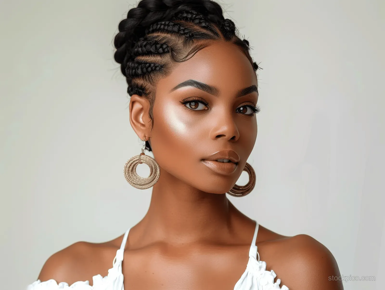 Close-up portrait of an African American woman in a white dress with cornrow braids and large hoop earrings on a transparent background.