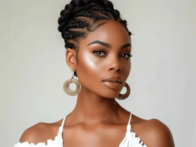 African American woman poses in white dress with cornrow braids and large gold earrings