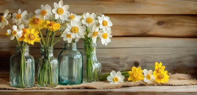 Daffodil and daisy flowers in glass vases on a wooden table with warm light and wooden wall background.