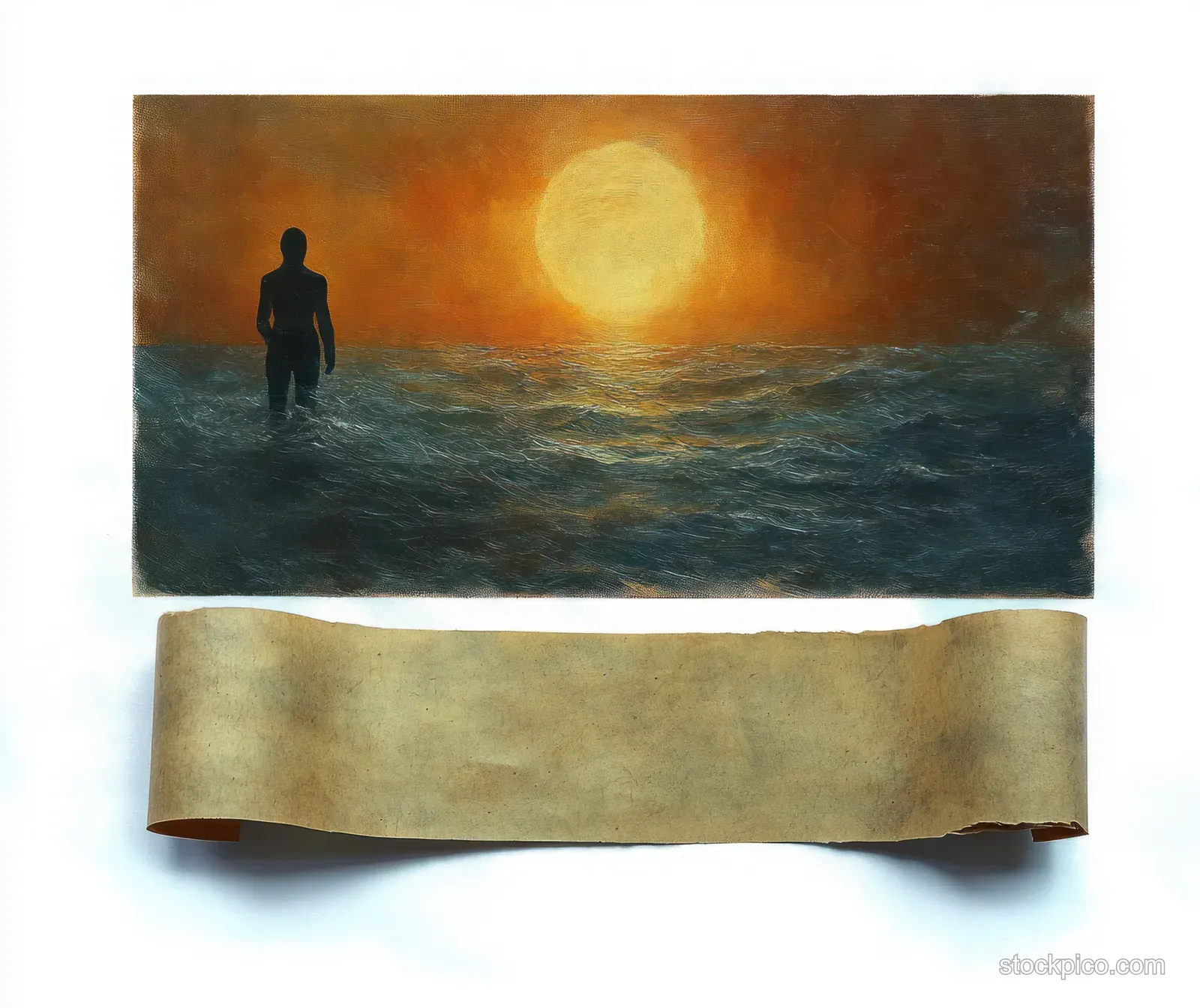 A person silhouette stands in ocean waves at sunset, with an empty ancient scroll stretched across a white background.