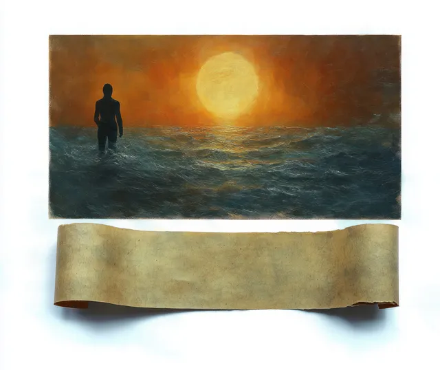 A person silhouette stands in ocean waves at sunset, with an empty ancient scroll stretched across a white background.