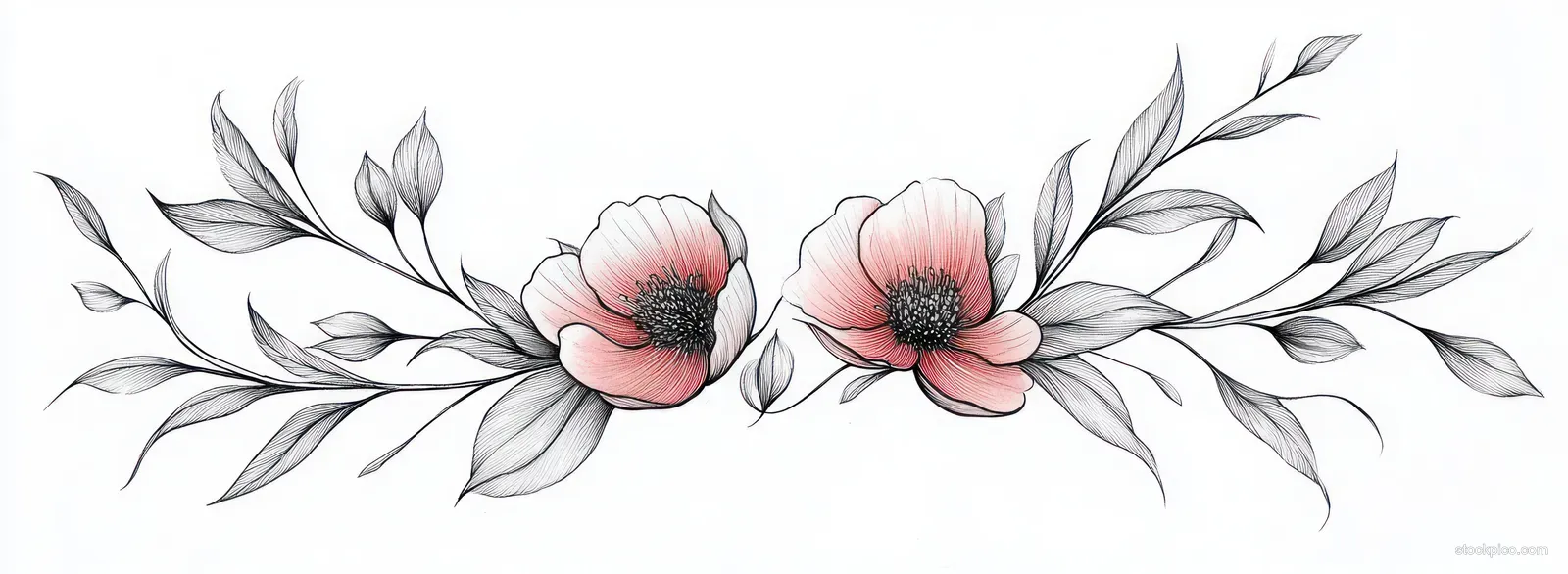 Symmetrical banner of two pink flowers with black-and-white leafy branches drawn in fine line detail.