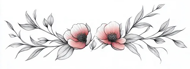 Symmetrical banner of two pink flowers with black-and-white leafy branches drawn in fine line detail.