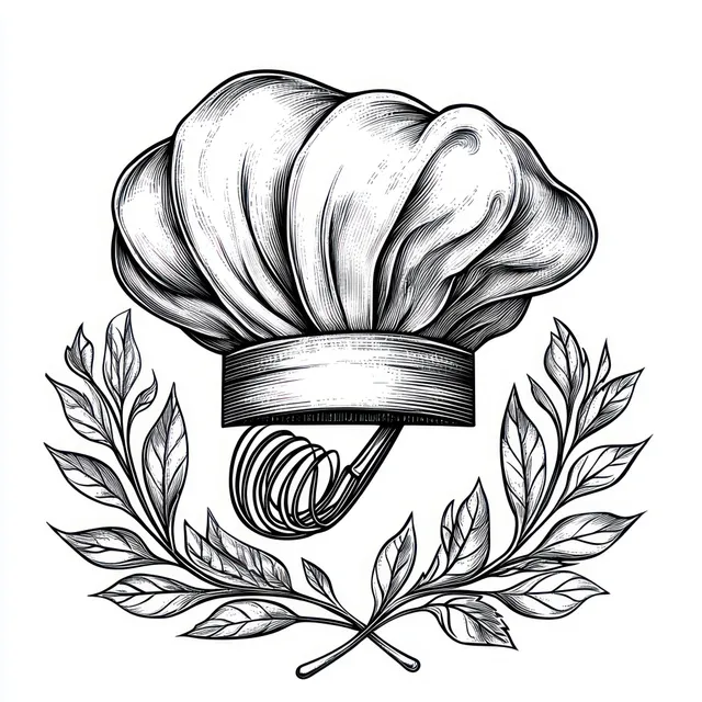 Monochrome chef hat emblem above crossed leafy branches with a kitchen whisk beneath.