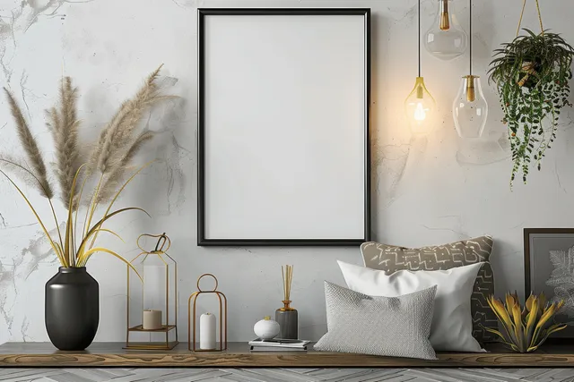 Black picture frame mockup above a modern shelf in a white living room with plants, vases, and warm hanging lamps.