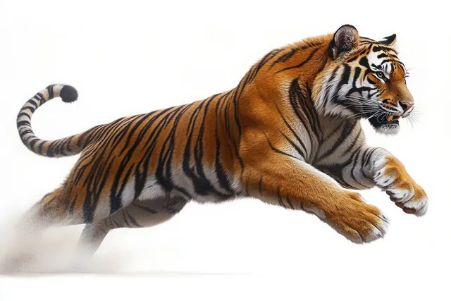 A powerful tiger leaps forward, showcasing its muscular strength and striking orange-and-black stripes against a white background.
